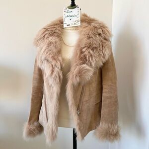 🍂Tan Suede Moto Jacket with Real Fox Fur Trim Size M